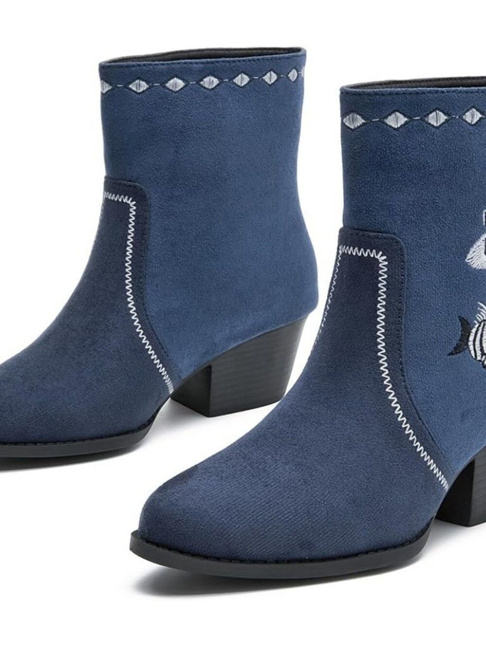 Women's Deep Blue Western Boots Cowgirl Low Chunky Heel Pointed Toe Mid - Picture 7 of 7